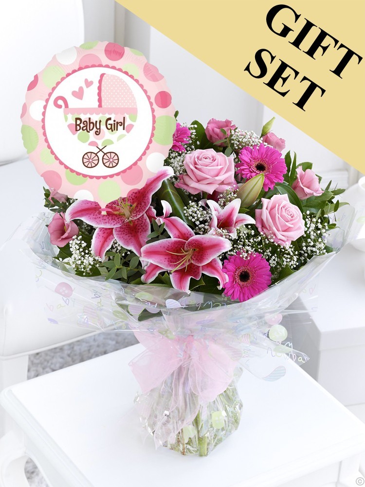 baby girl flowers and balloon