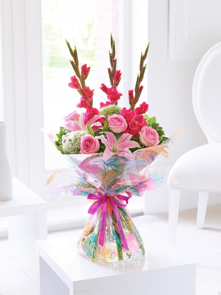 Happy Birthday Summer Gladioli Lily And Rose Hand Tied Daisy