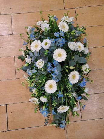 Germini, Lisianthus & Delphinium Teardrop Spray - White & Blue
